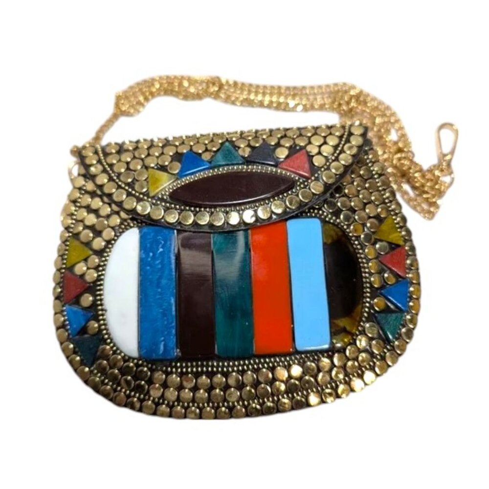RAMLA Gold Mosaic Studded Metal Colorful Stone Mini Crossbody NWOT - Picture 2 of 5